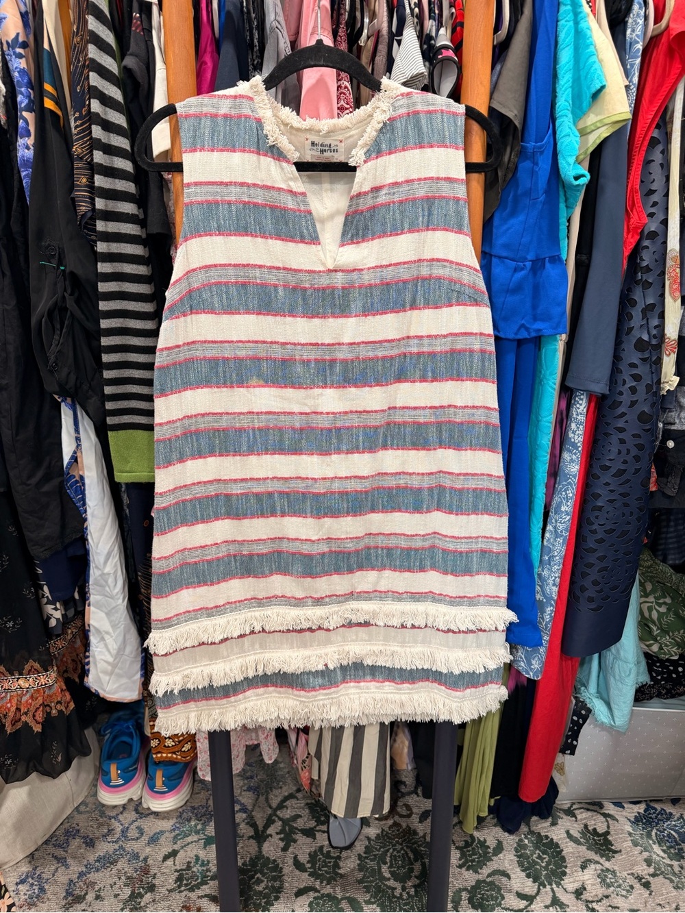 HOLDING HORSES Cream Tunic Dress with Blue & Red Stripes